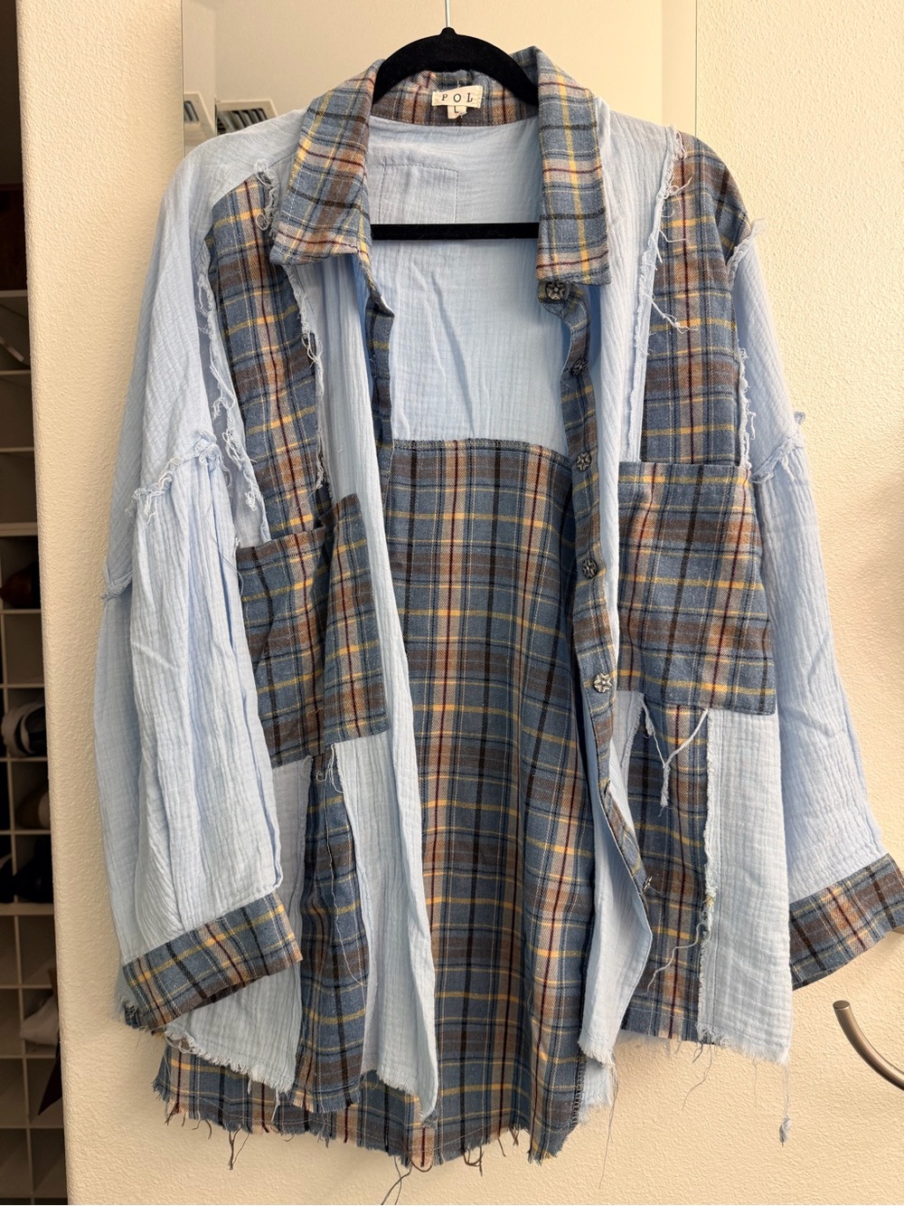 POL Light Blue Button-Up with Multicolor Plaid Collar